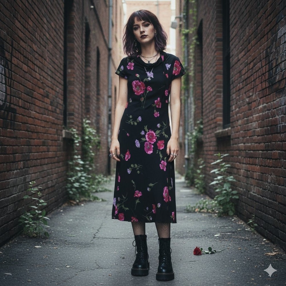 Talbots Petite Black Floral Midi Dress Short Sleeve Womens Size 10 90s‎ Grunge